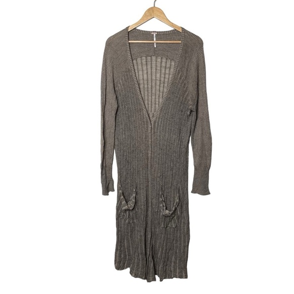Free People Shadow Stripe Snap Button Duster Cardigan Taupe Beige Large - Picture 4 of 12